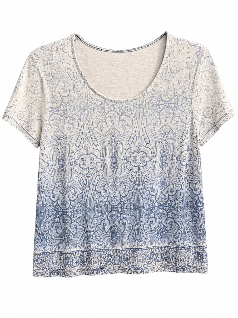 Women's Cream and Blue Paisley Scoop Neck Tee